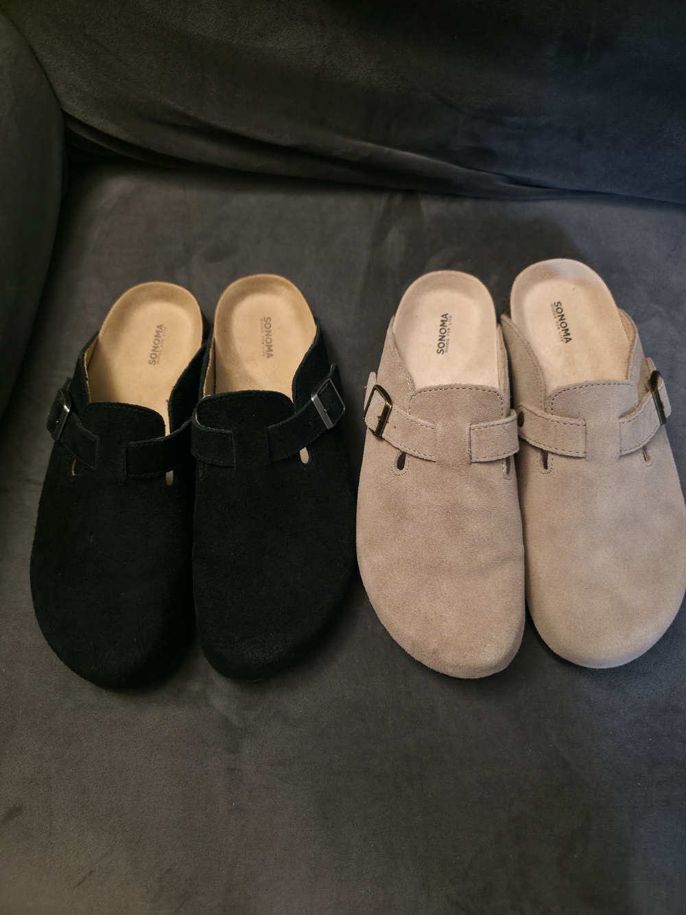 Sonoma Slip-On Suede Clogs in Black and Taupe